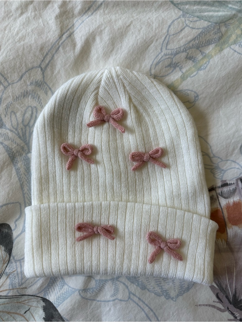 Ribbed Knit Beanie with Pink Bow Accents Coquette Cutecore Fairycore